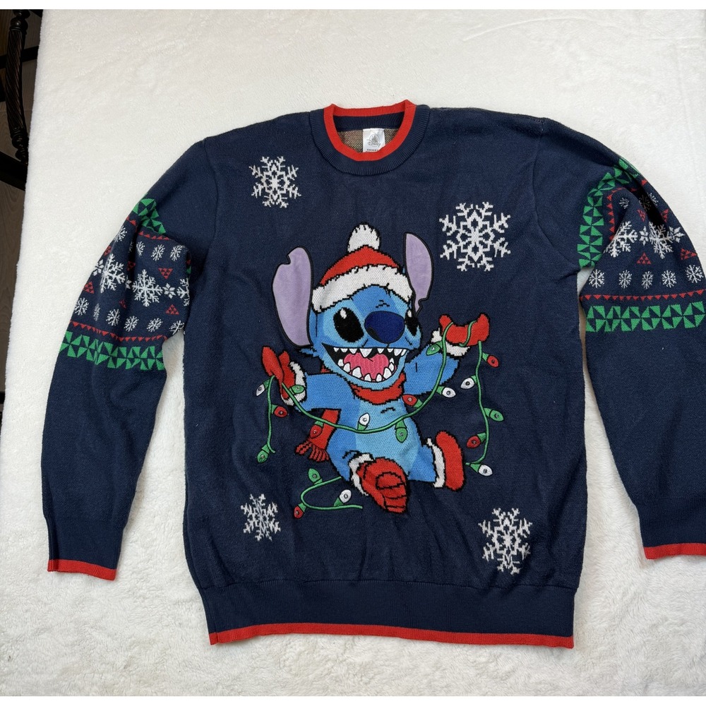 Disney Stitch Christmas Knit Sweater Navy Blue Mens Medium Holiday